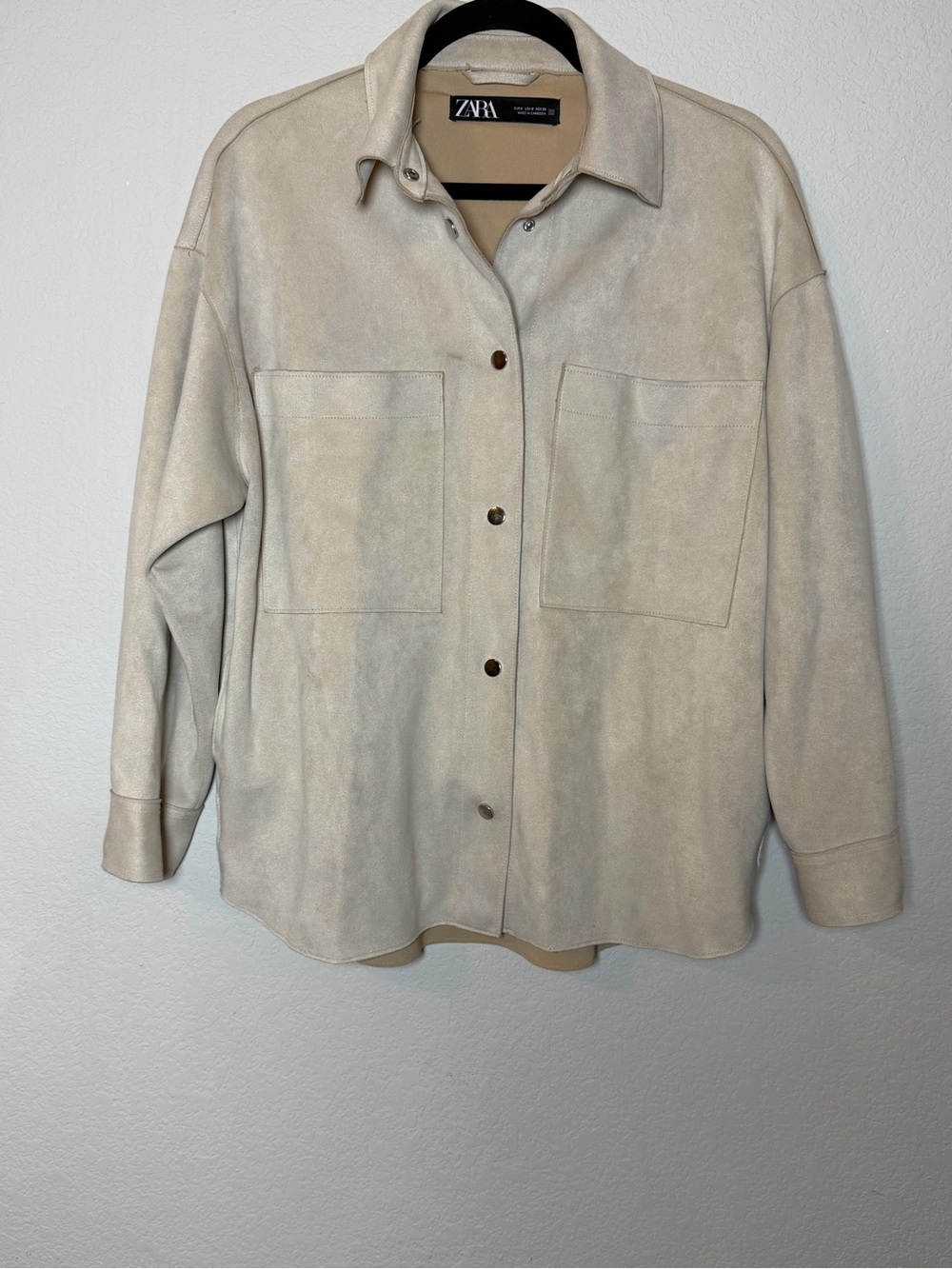 Zara Faux Suede Shacket Womens Small Beige Oversized Snap Front Shirt Jacket - Picture 4 of 11
